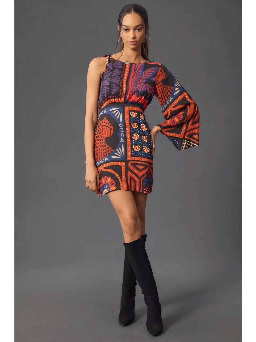 Farm Rio One Shoulder Mini Dress Size Large Anthropologie Vacation Resortwear